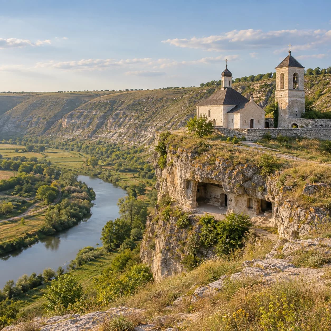 Realistic source: Moldova coloring page: cliffside church and river