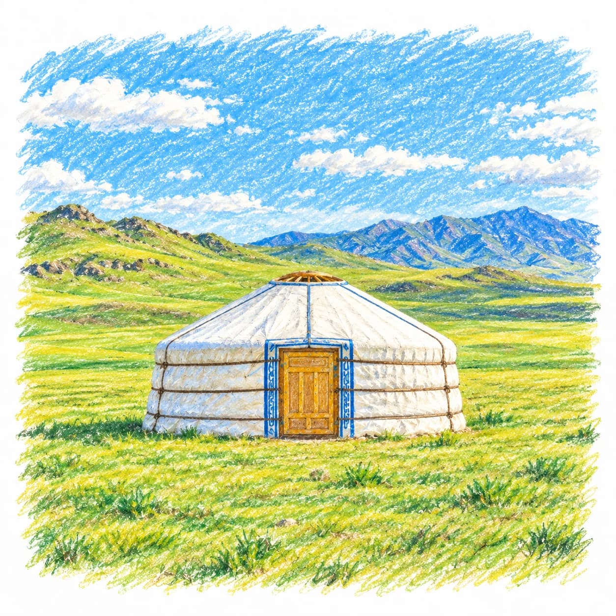 Modèle colorié: Coloriage de la Mongolie : yourte dans la steppe