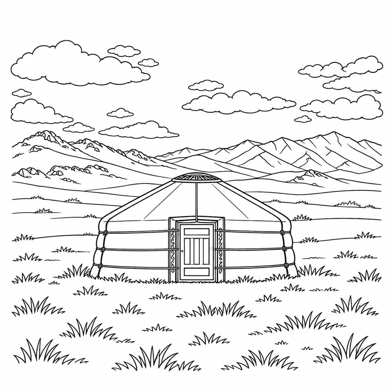 Coloriage: Coloriage de la Mongolie : yourte dans la steppe