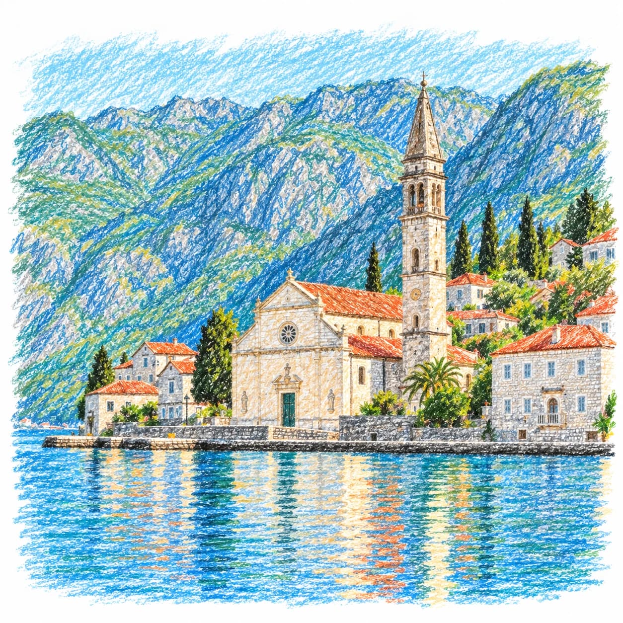Modèle colorié: Coloriage du Monténégro : église au bord de la baie