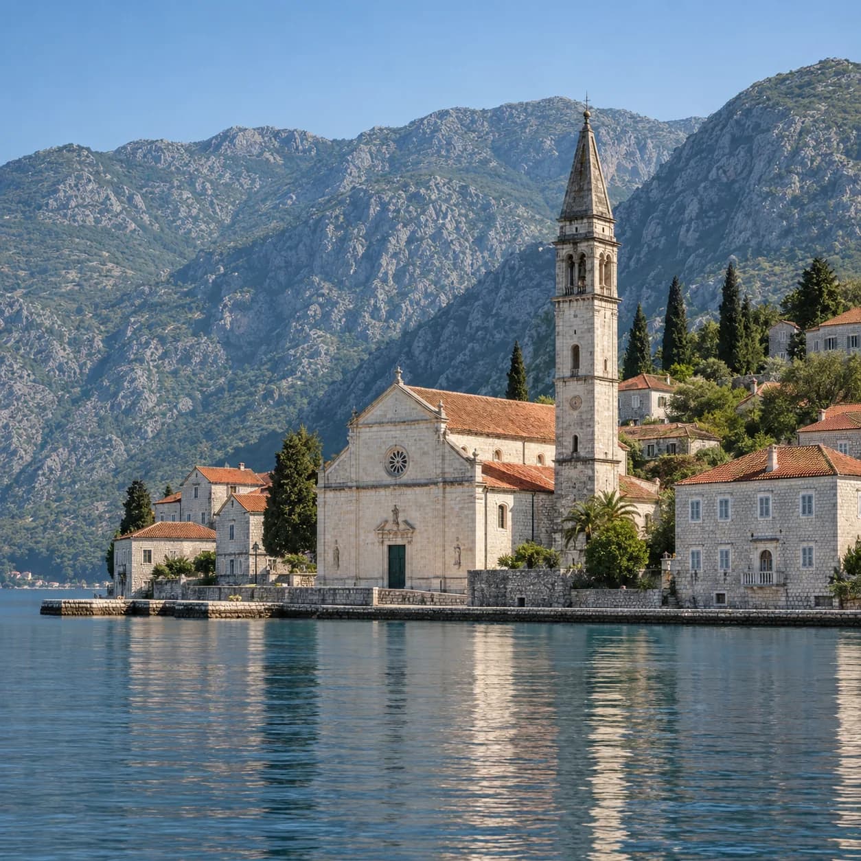 Realistic source: Montenegro coloring page: church on a mountain bay