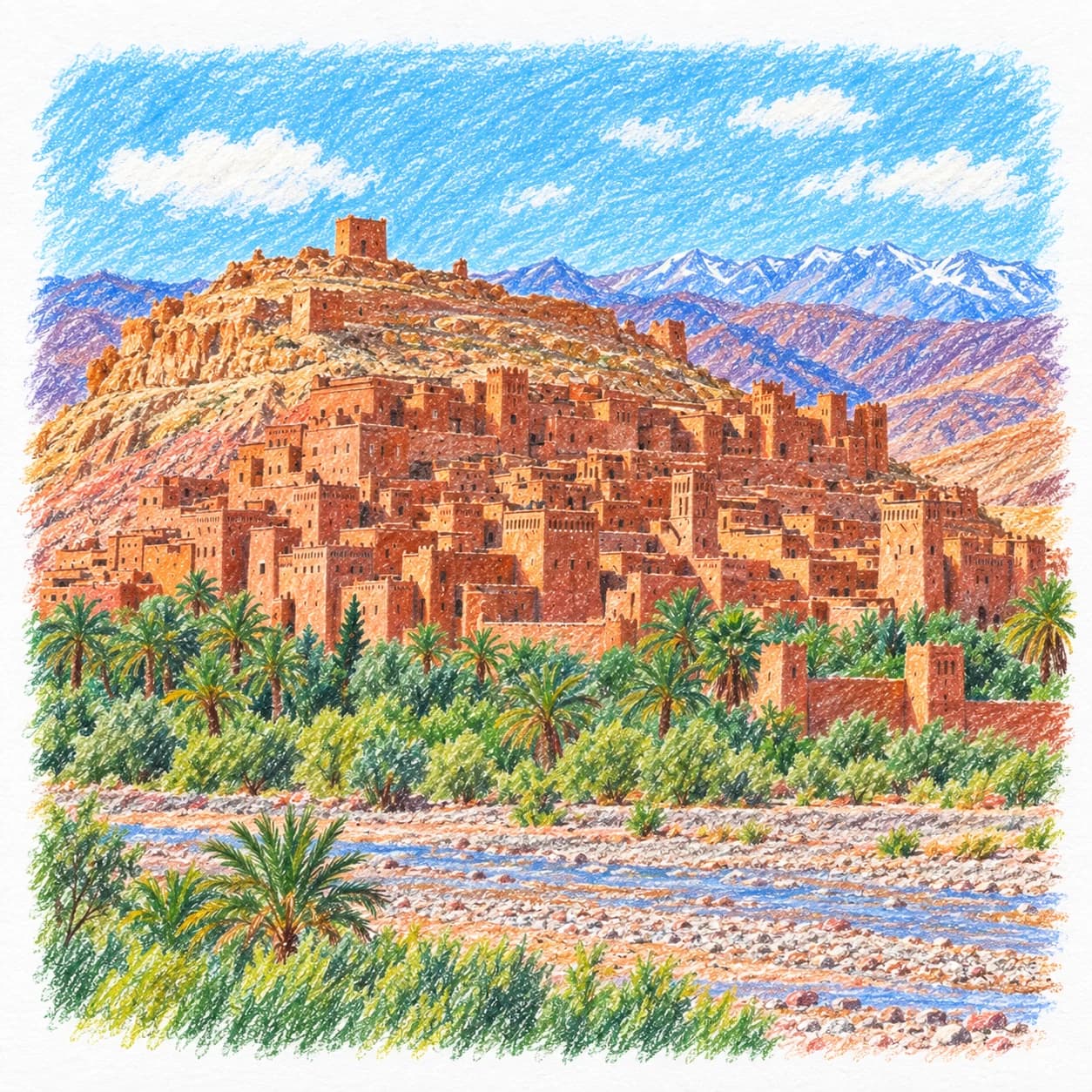 Colored model: Morocco coloring page: earthen ksar and palm grove