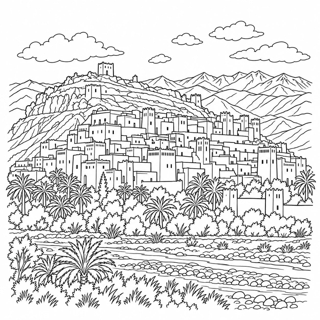Coloriage: Coloriage du Maroc : ksar en terre et palmeraie