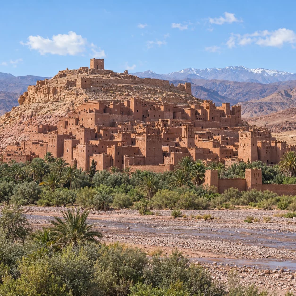 Photo réaliste: Coloriage du Maroc : ksar en terre et palmeraie