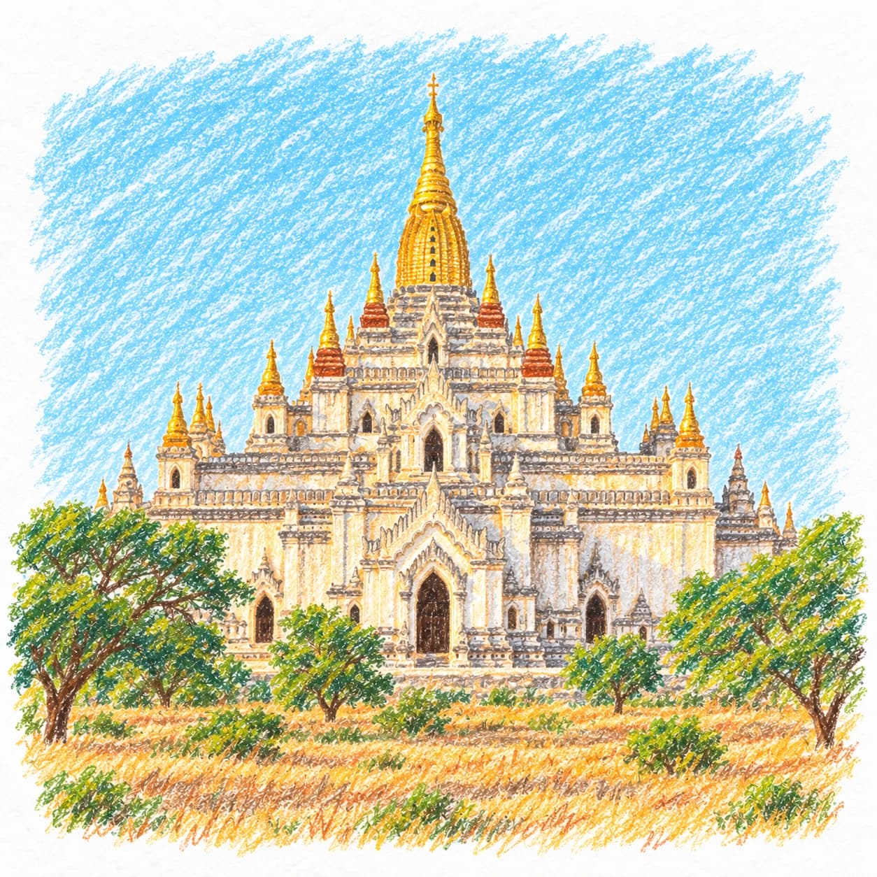 Modèle colorié: Coloriage du Myanmar : temple à la flèche dorée