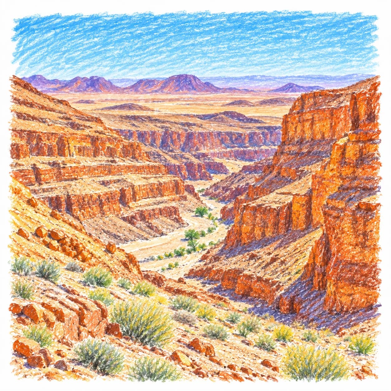 Modèle colorié: Coloriage du désert du Namib : canyon stratifié