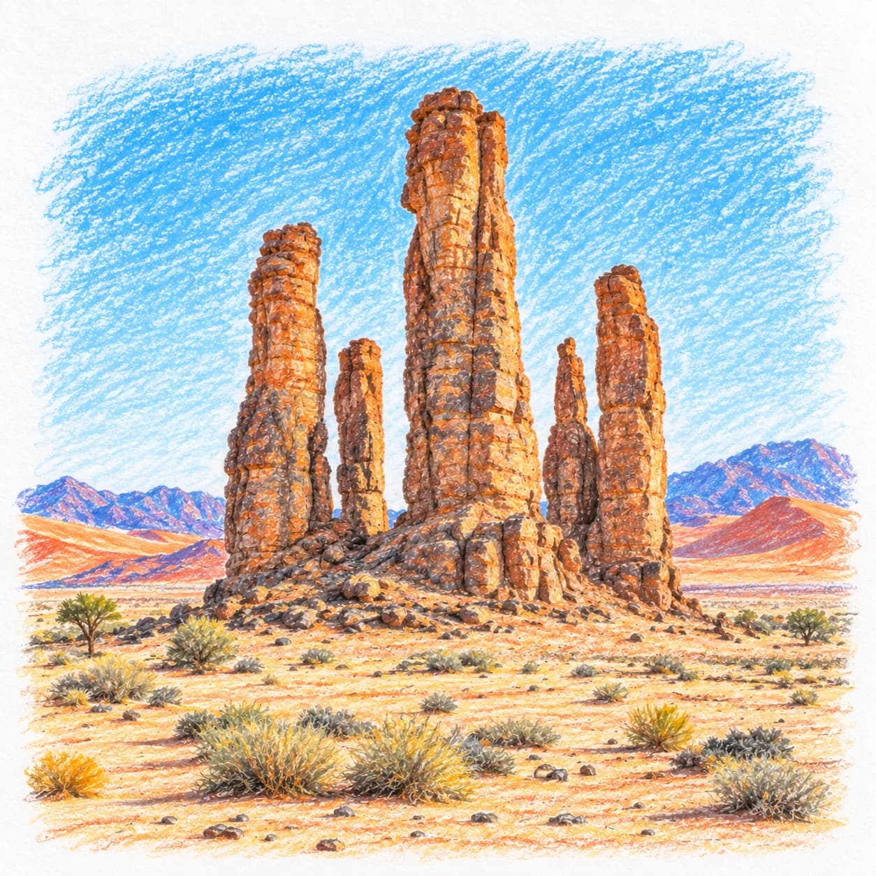 Modèle colorié: Coloriage du désert du Namib : piliers rocheux