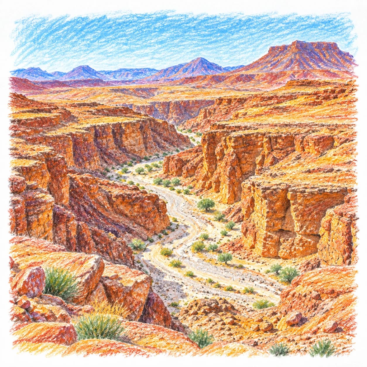 Modèle colorié: Coloriage du désert du Namib : gorge sinueuse