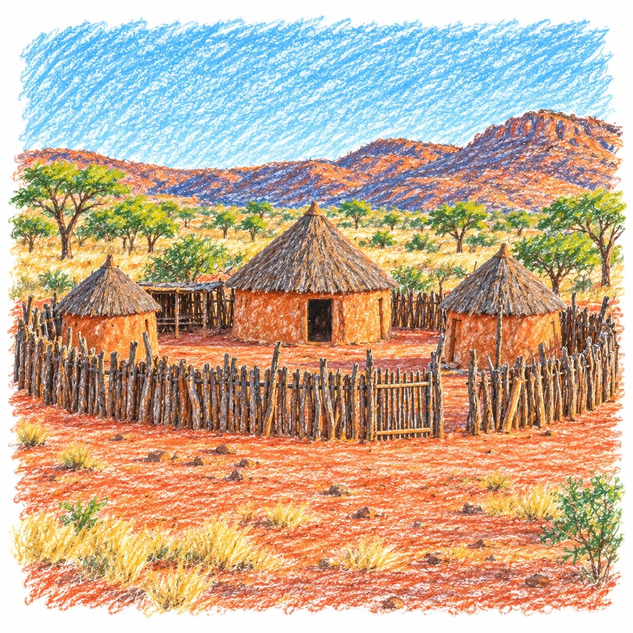 Modèle colorié: Coloriage de la Namibie : village de cases et palissade