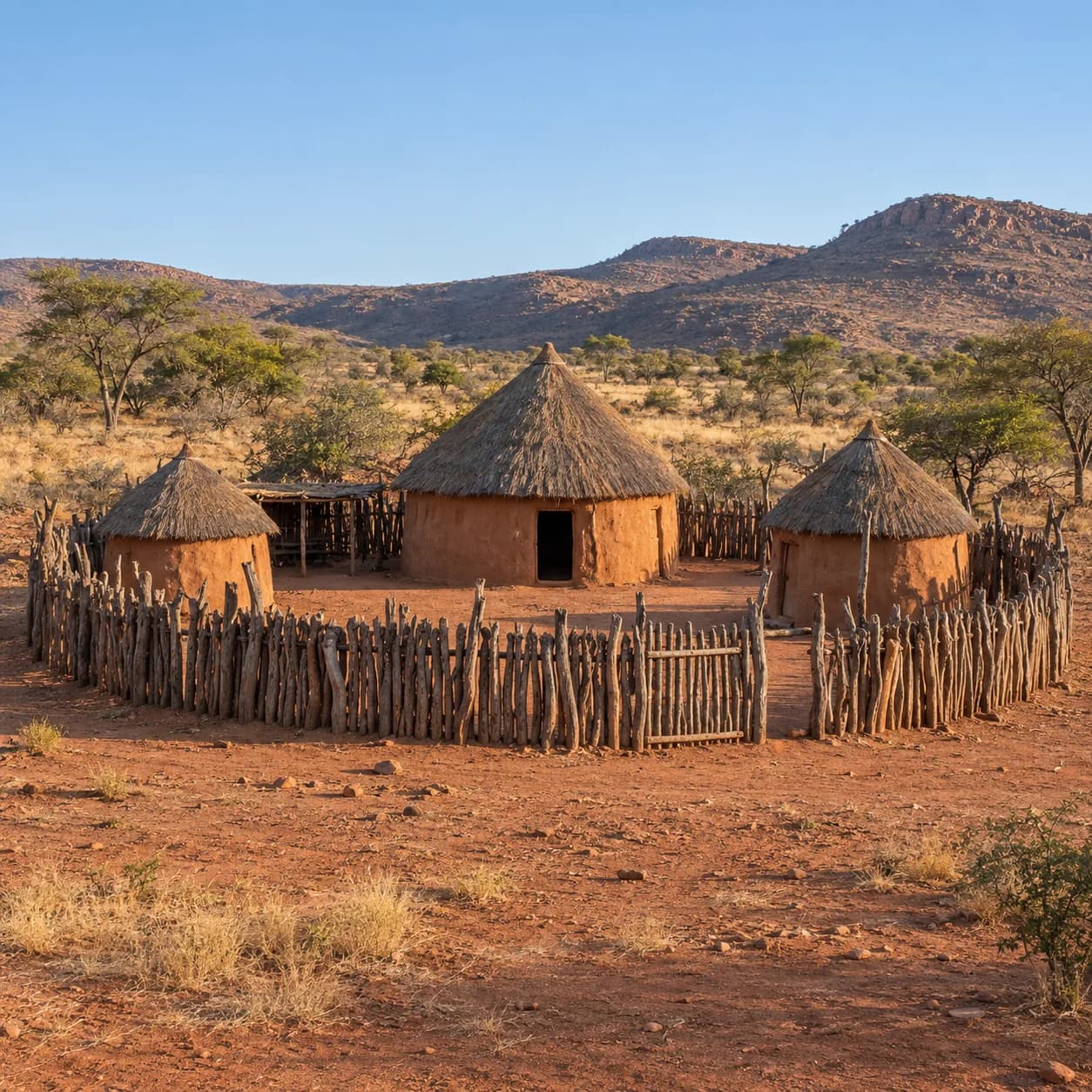 Photo réaliste: Coloriage de la Namibie : village de cases et palissade