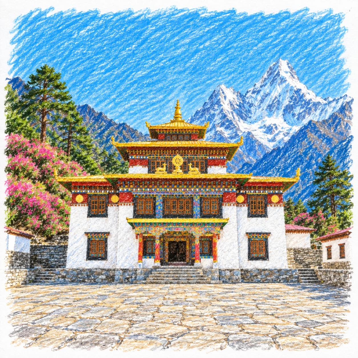 Colored model: Nepal coloring page: monastery and snowy peak