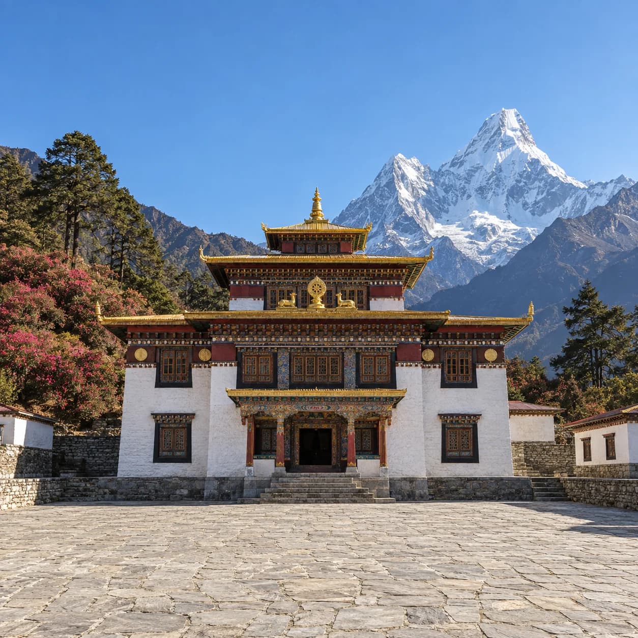 Realistic source: Nepal coloring page: monastery and snowy peak
