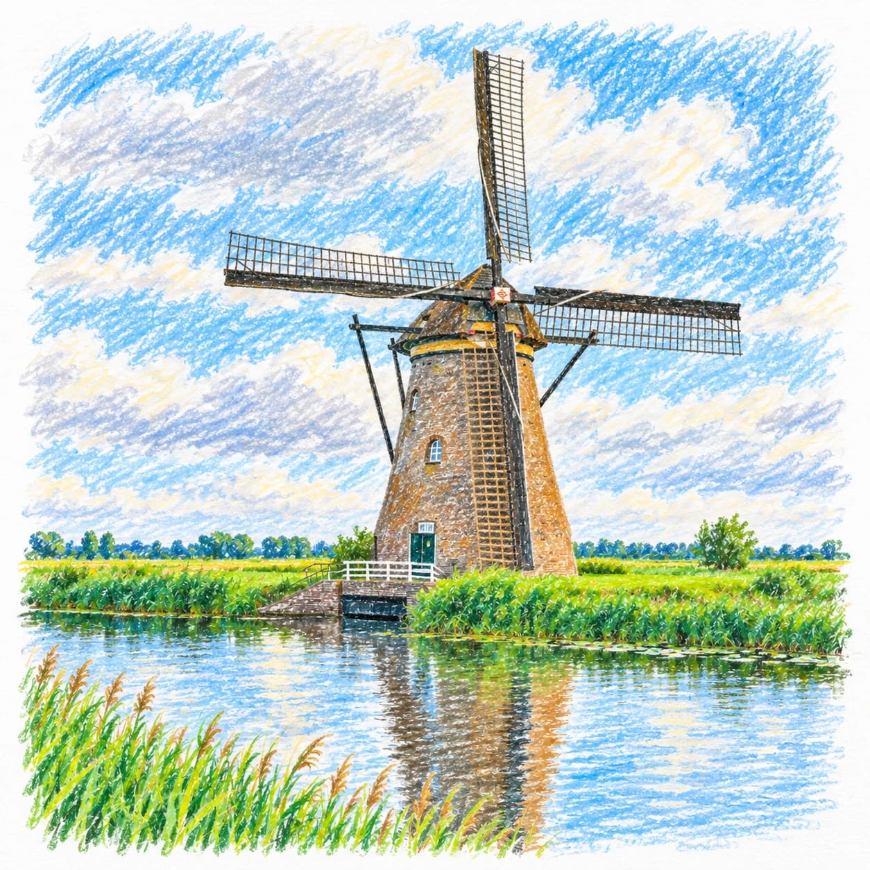 Colored model: Netherlands coloring page: windmill by a canal