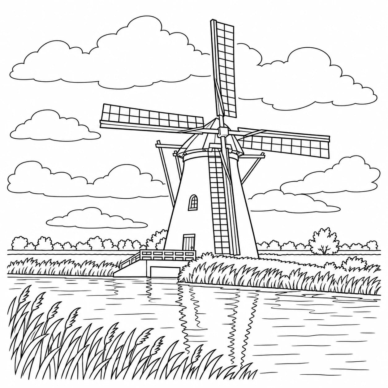 Coloriage: Coloriage des Pays-Bas : moulin à vent au bord d'un canal