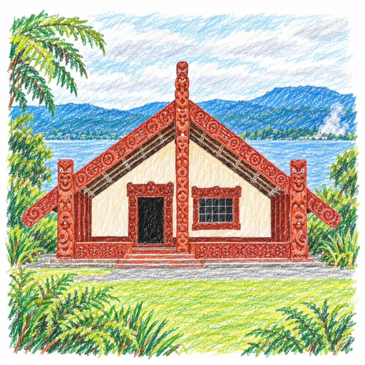 Modèle colorié: Coloriage de la Nouvelle-Zélande : maison maorie