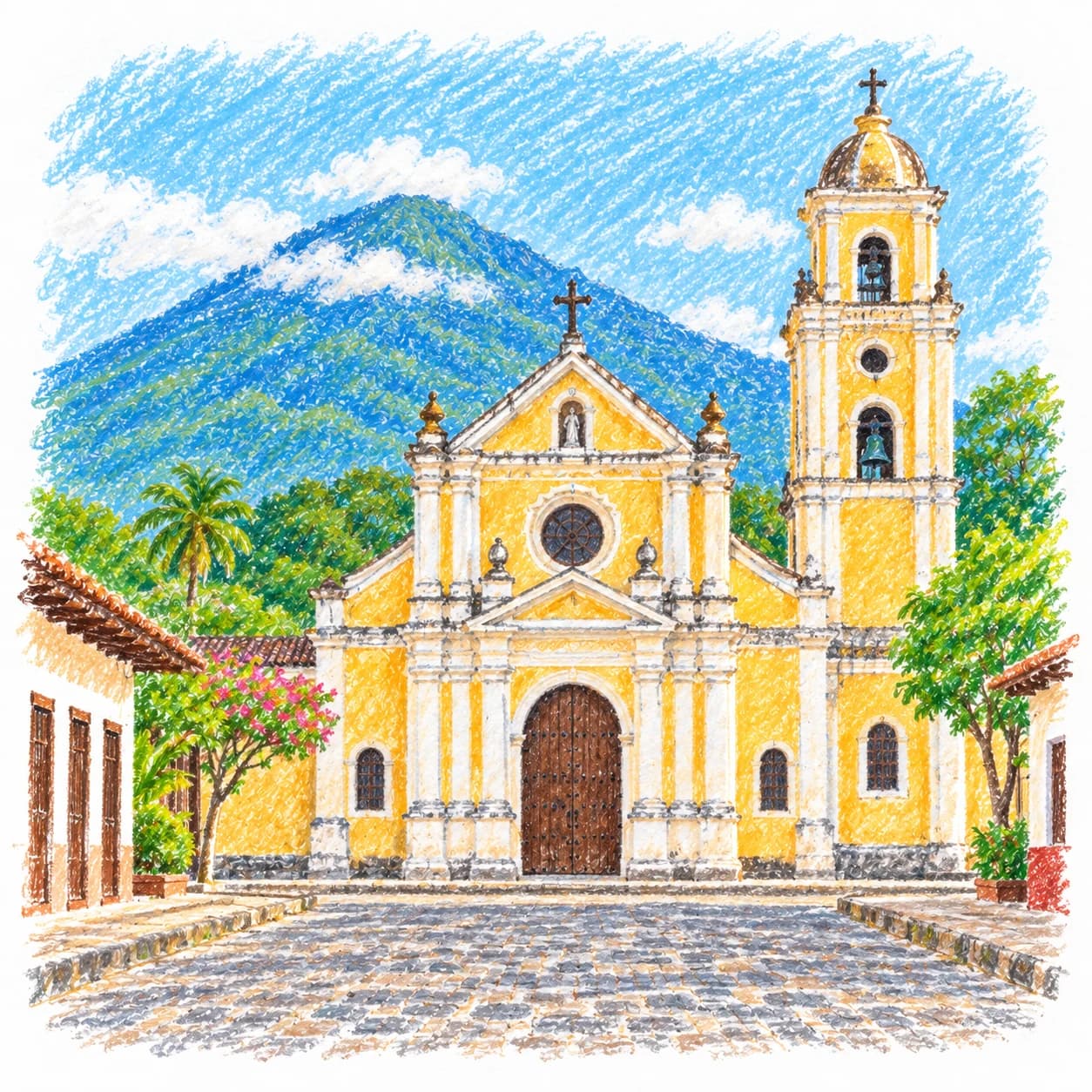 Modèle colorié: Coloriage du Nicaragua : église jaune et volcan