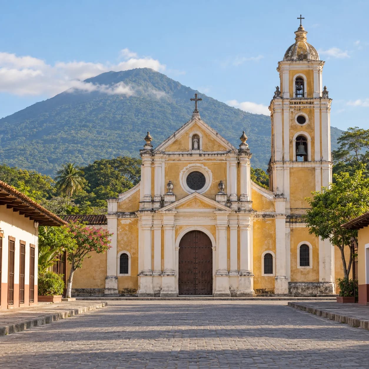 Realistic source: Nicaragua coloring page: yellow church and volcano