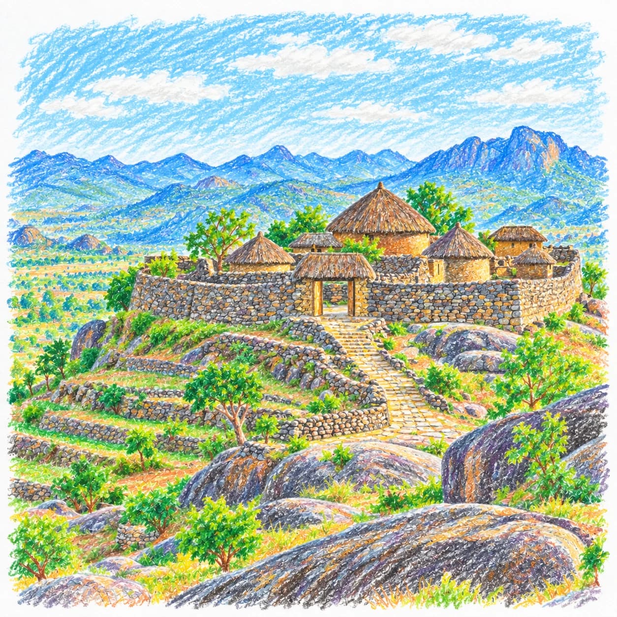 Colored model: Nigeria coloring page: hilltop village with huts
