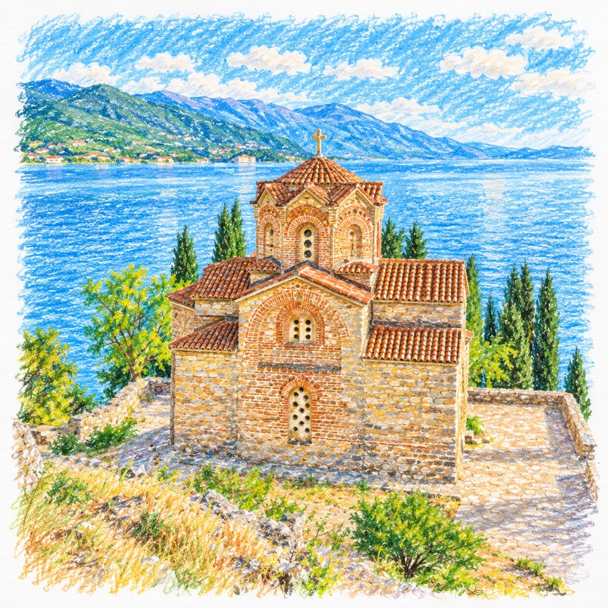 Modèle colorié: Coloriage de la Macédoine du Nord : église au bord du lac