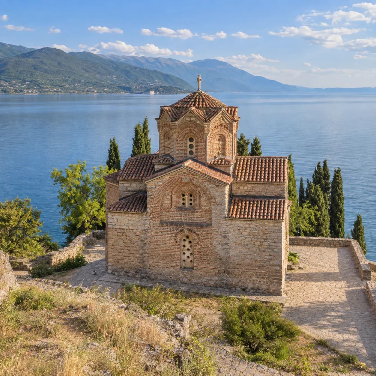 Realistic source: North Macedonia coloring page: lakeside church
