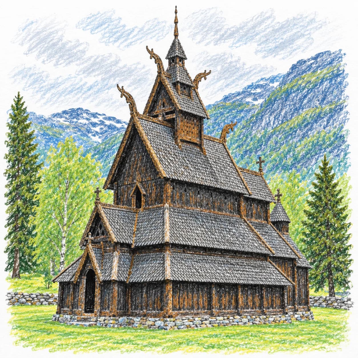 Colored model: Norway coloring page: wooden stave church