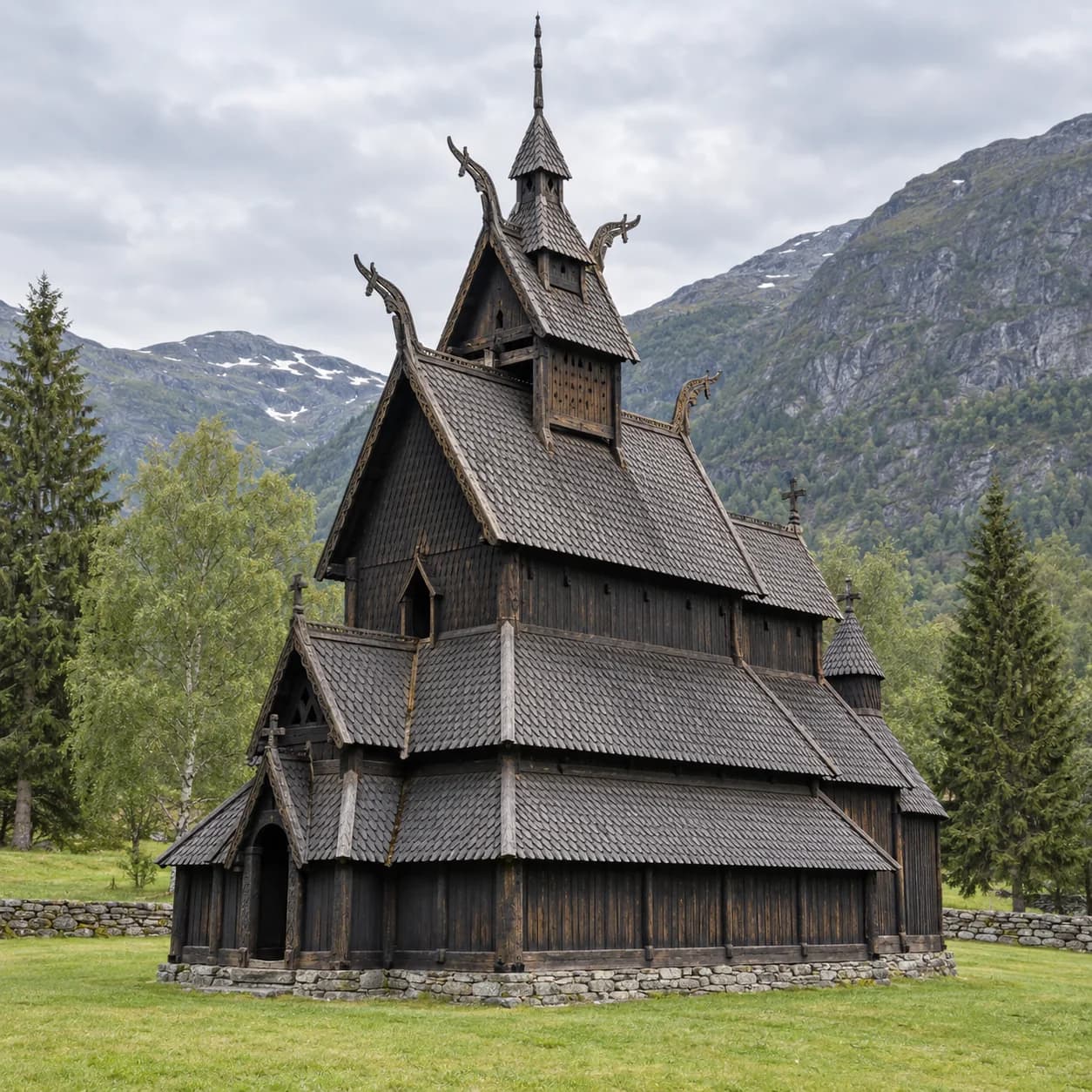 Photo réaliste: Coloriage de la Norvège : église en bois debout