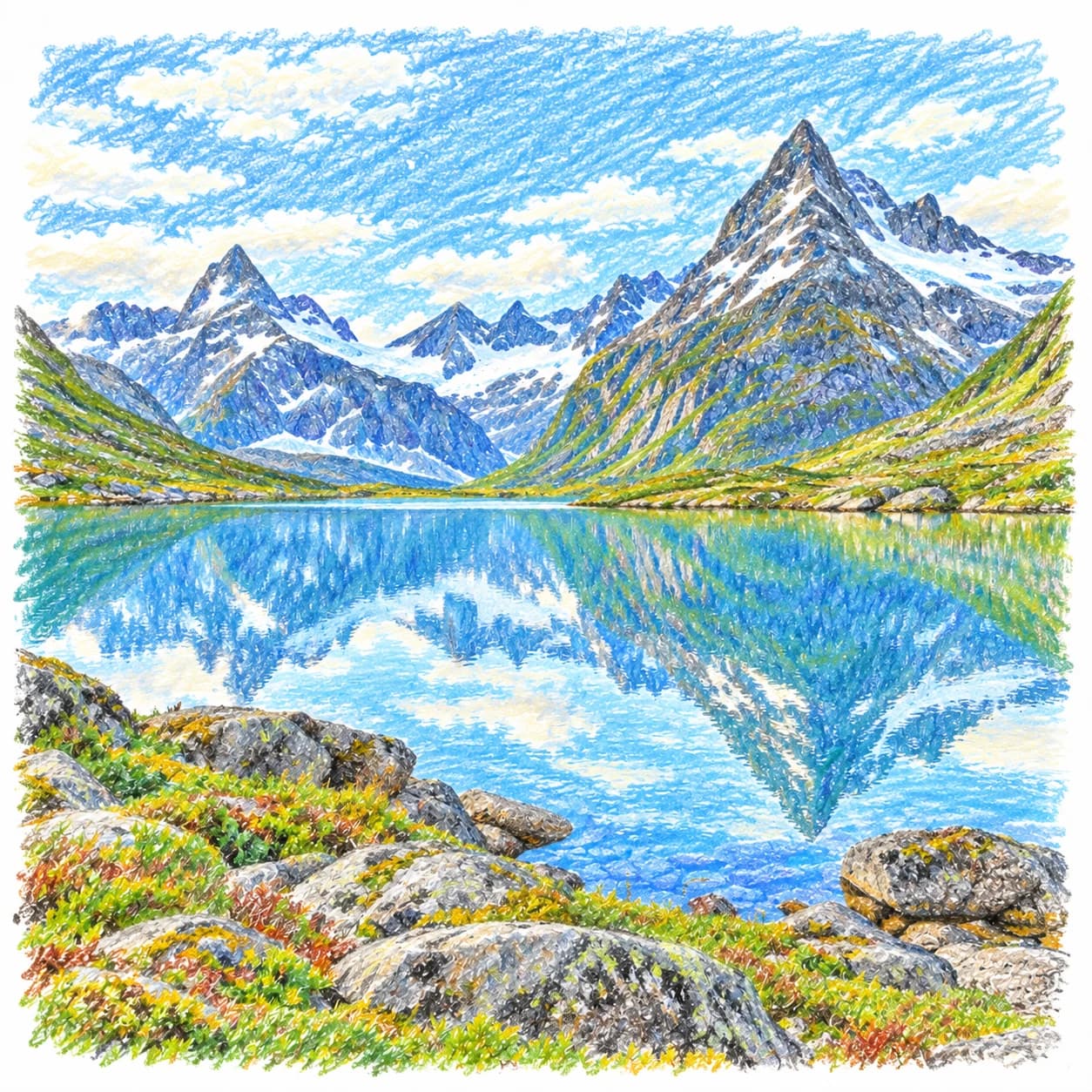 Modelo coloreado: Dibujo de las montañas de Noruega para colorear: lago glaciar
