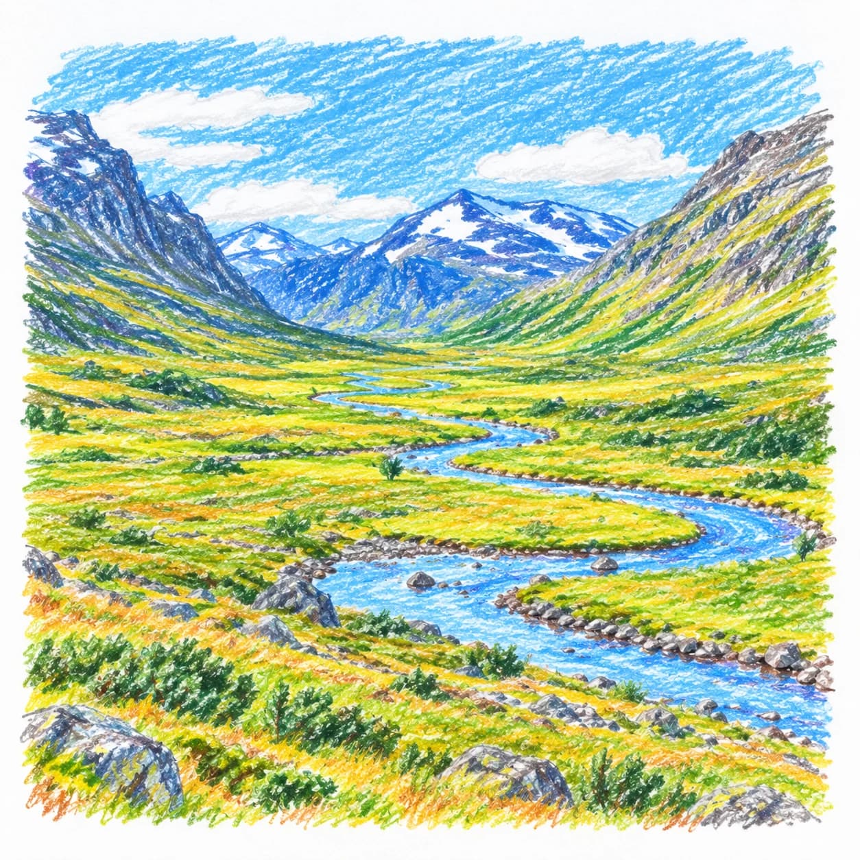 Modelo coloreado: Dibujo de las montañas de Noruega para colorear: valle de altura