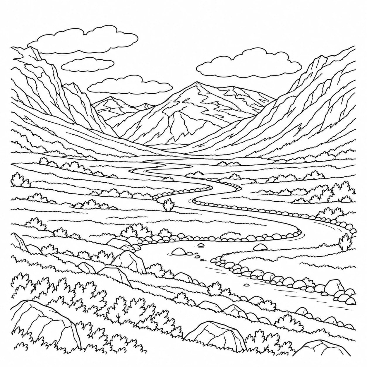 Coloring: Norwegian mountains high valley coloring page