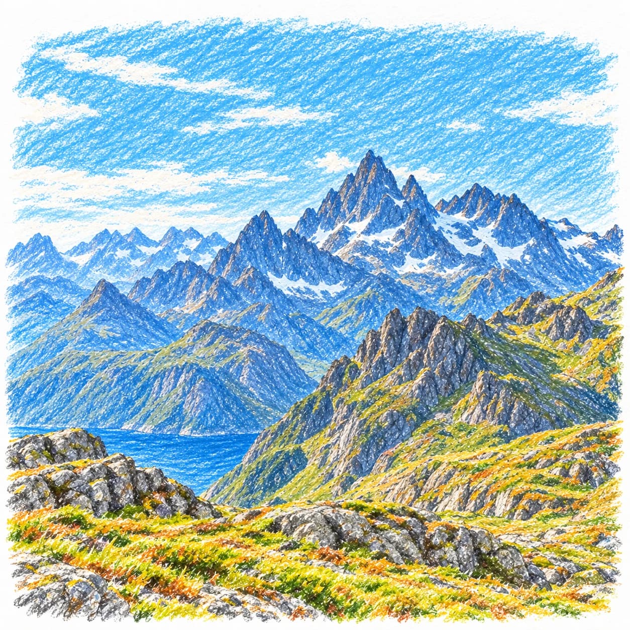Modelo coloreado: Dibujo de las montañas de Noruega para colorear: picos escarpados