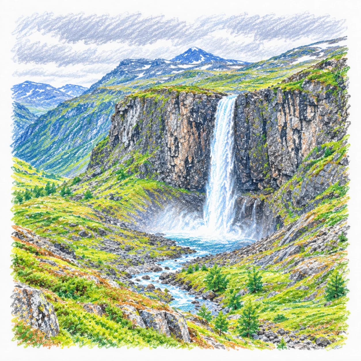 Colored model: Norwegian mountains mountain waterfall coloring page