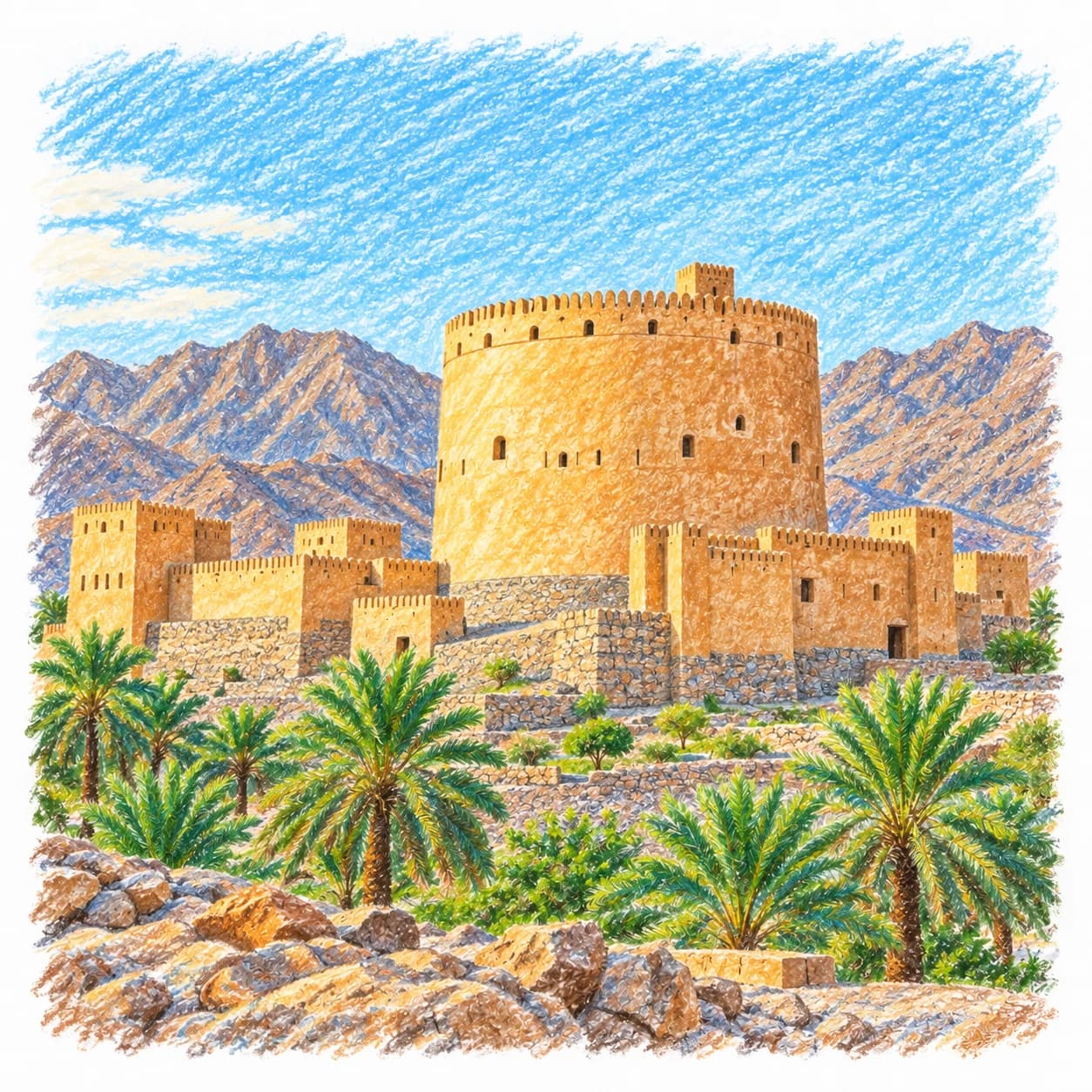 Modèle colorié: Coloriage d'Oman : fort, palmiers et montagnes