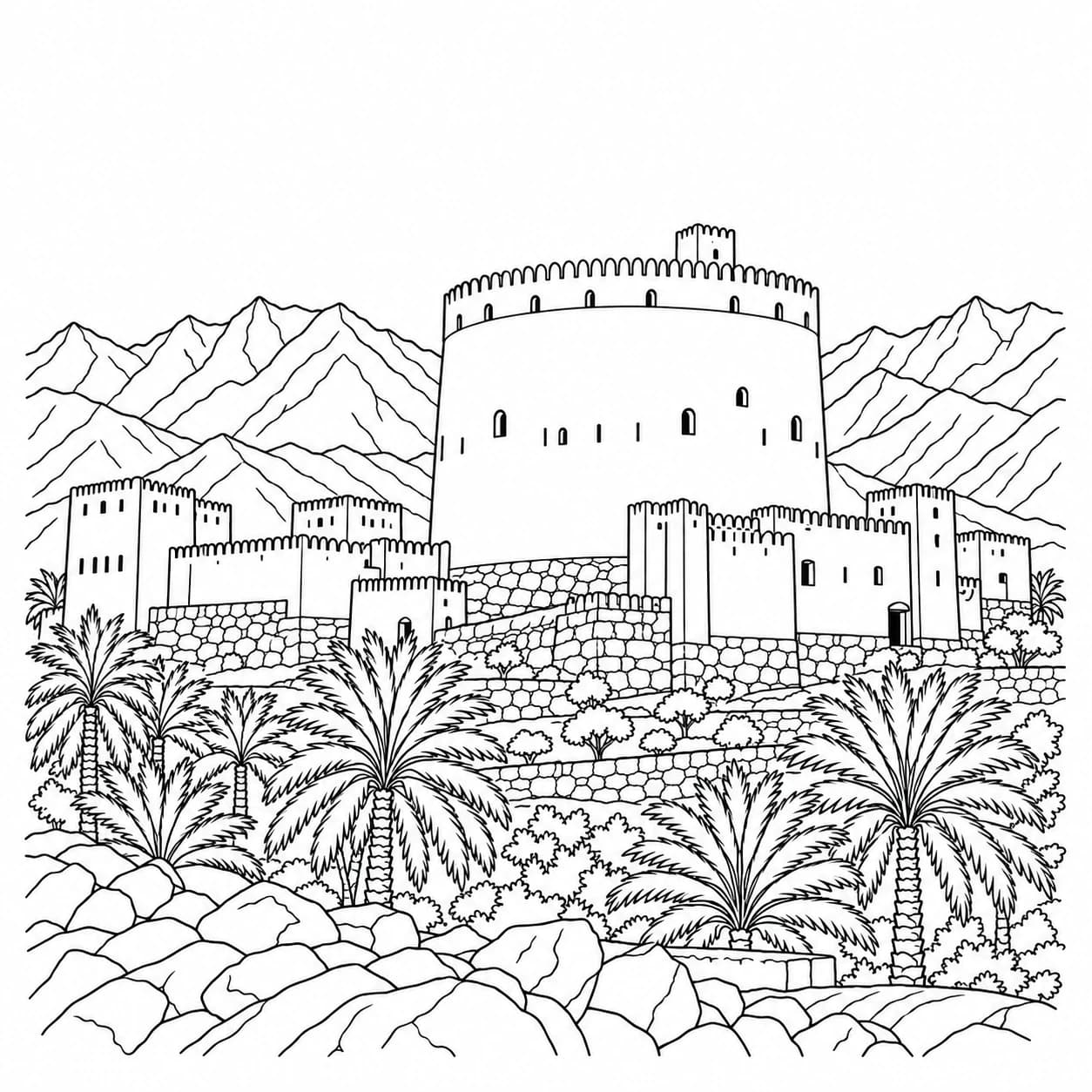 Coloriage: Coloriage d'Oman : fort, palmiers et montagnes