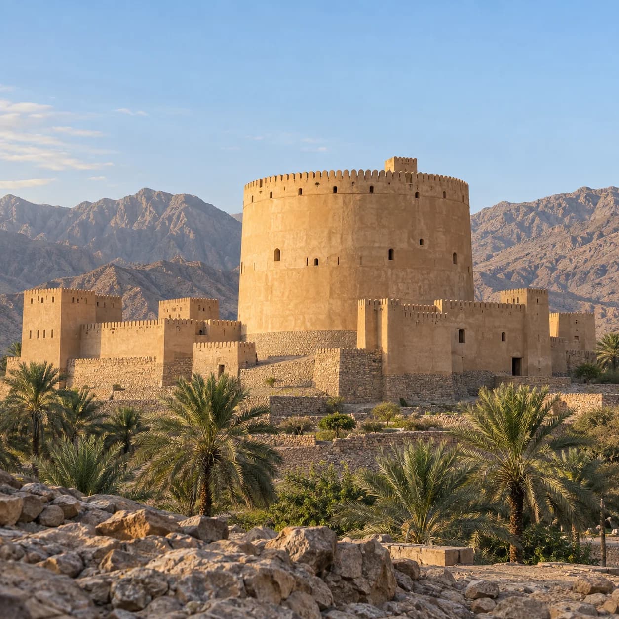Photo réaliste: Coloriage d'Oman : fort, palmiers et montagnes