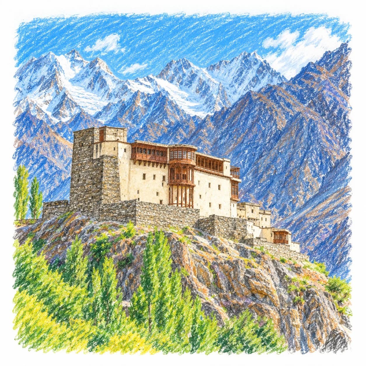 Modèle colorié: Coloriage du Pakistan : fort dans les montagnes