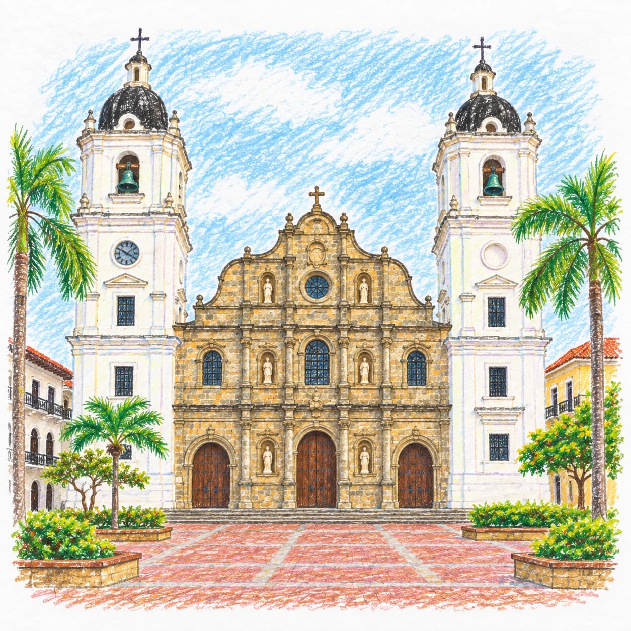 Modèle colorié: Coloriage du Panama : église aux deux clochers