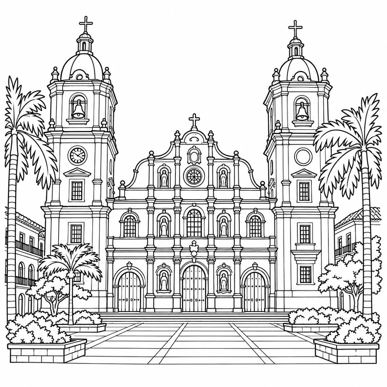 Coloriage: Coloriage du Panama : église aux deux clochers