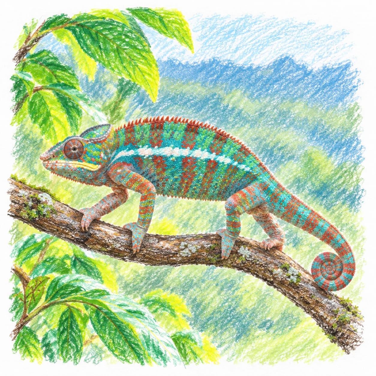 Modèle colorié: Coloriage de caméléon panthère