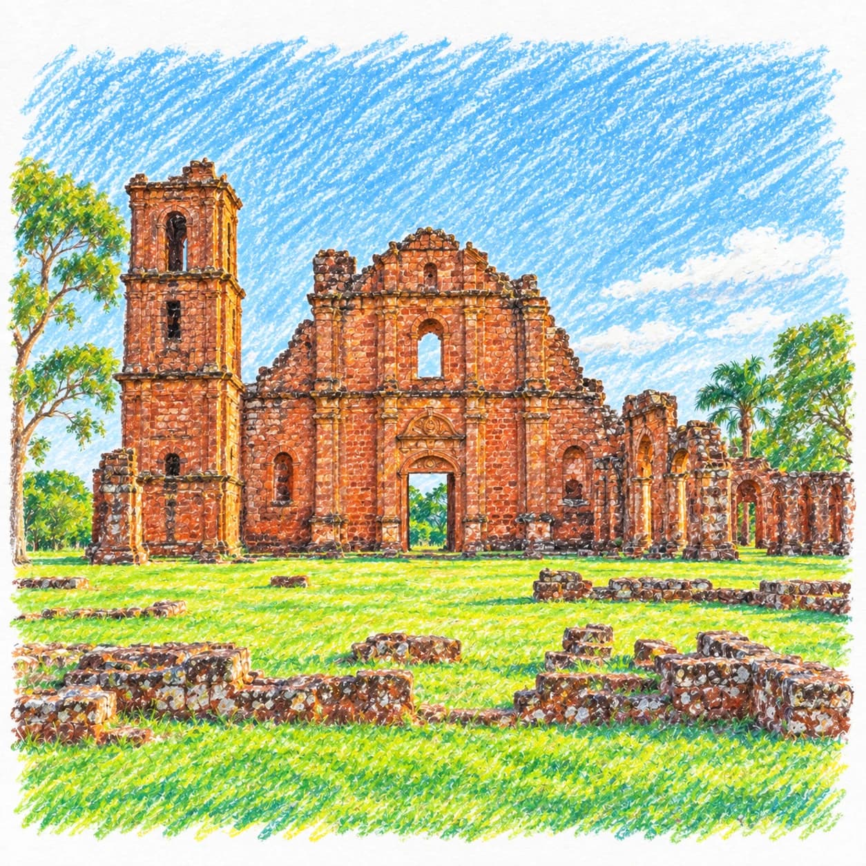 Modèle colorié: Coloriage du Paraguay : ruines d'une église en pierre