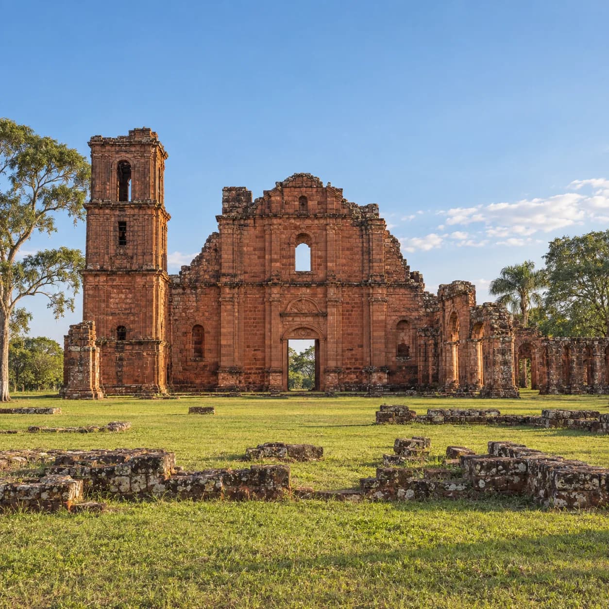 Realistic source: Paraguay coloring page: red stone church ruins