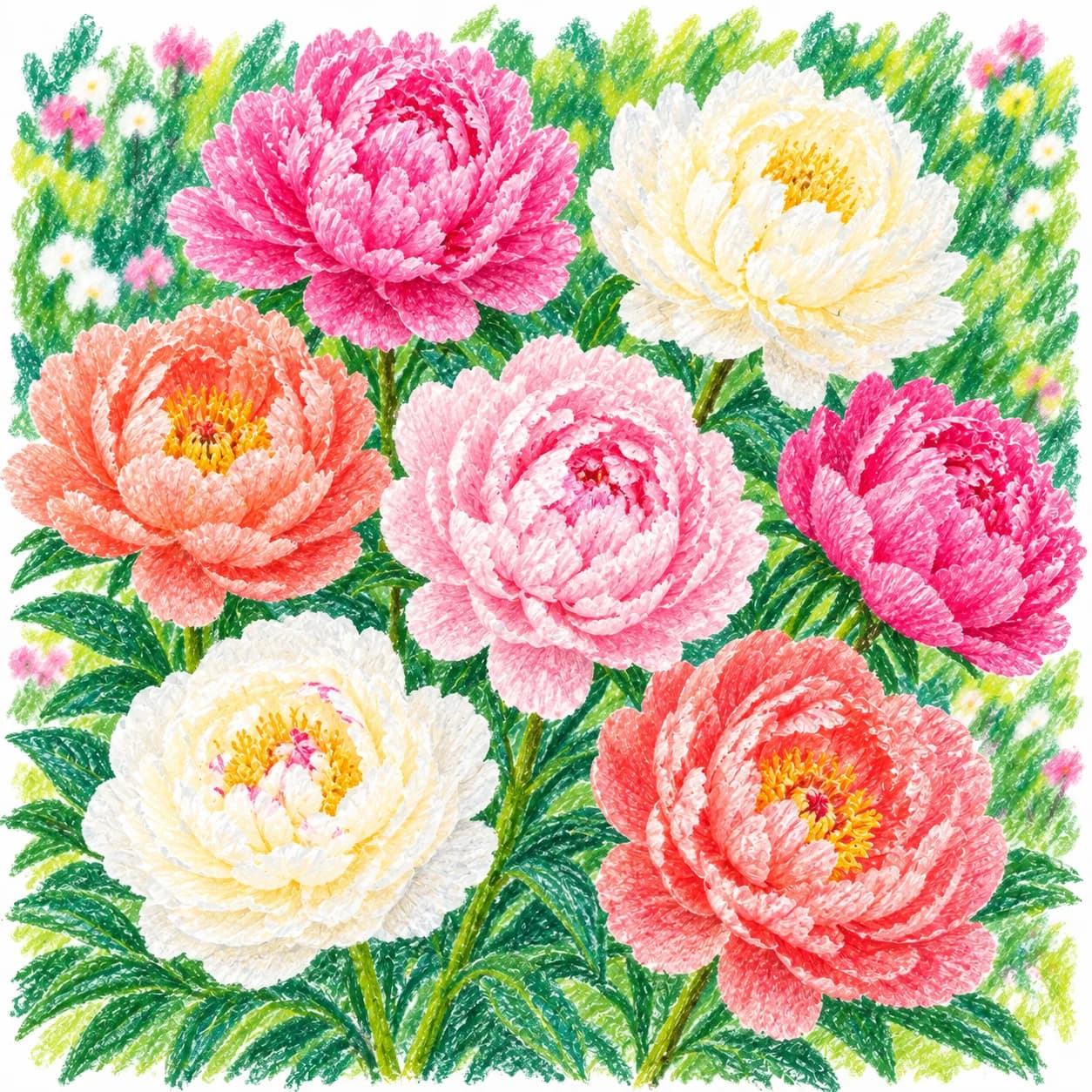 Modèle colorié: Coloriage de pivoines