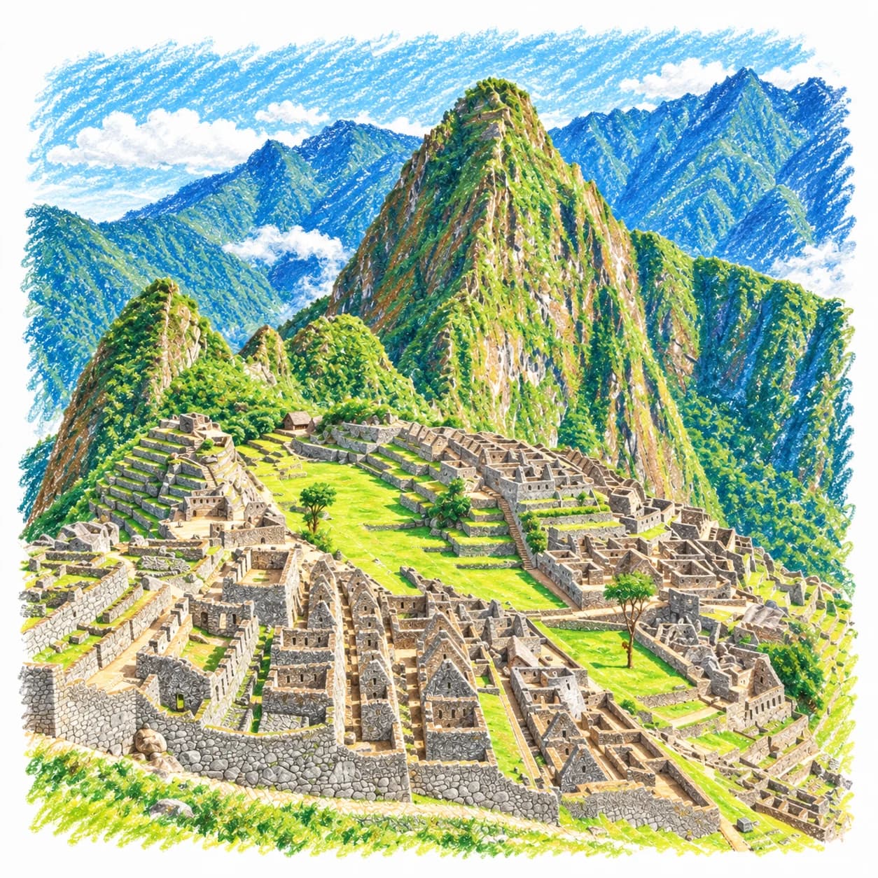 Modèle colorié: Coloriage du Pérou : les ruines du Machu Picchu