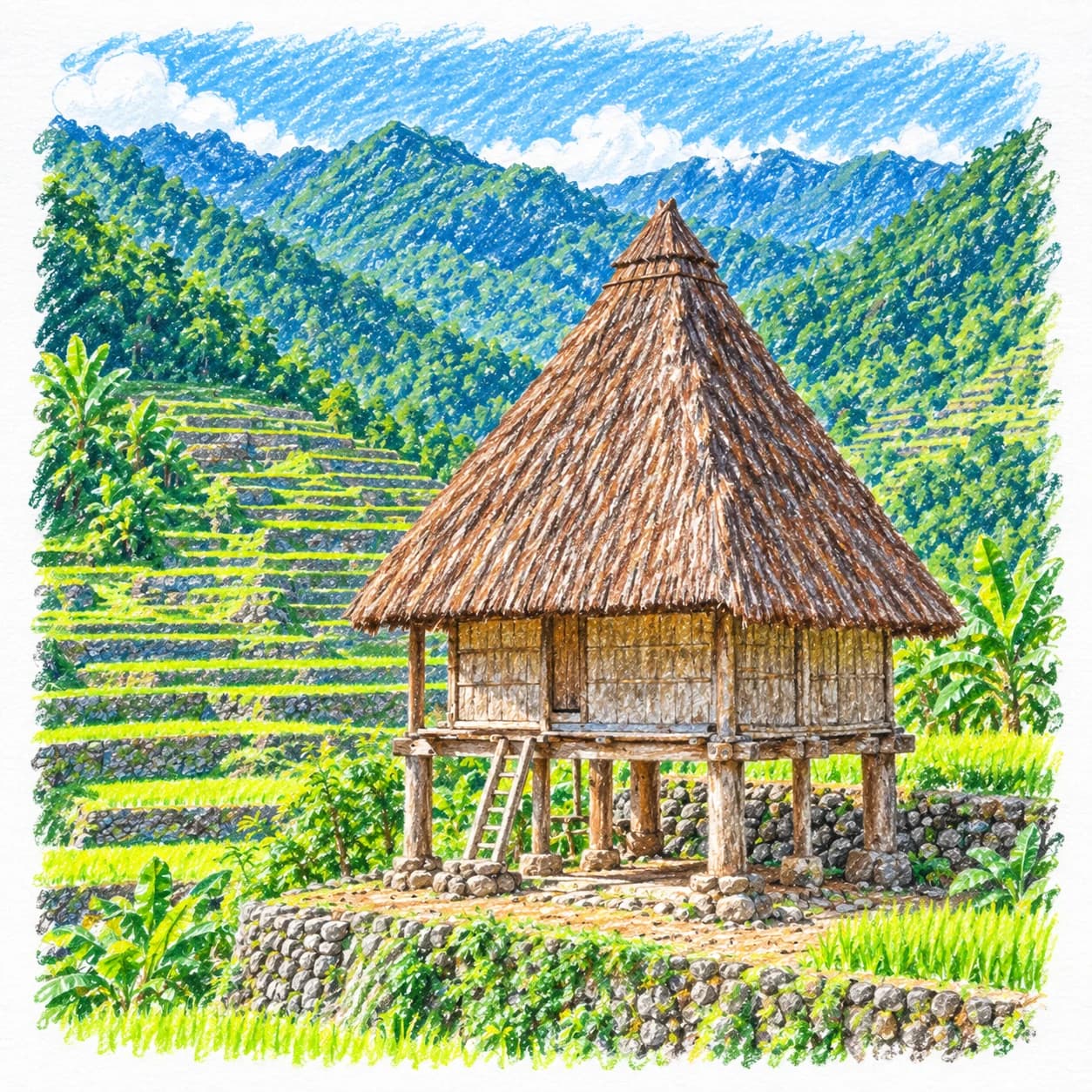 Modèle colorié: Coloriage des Philippines : hutte et rizières en terrasses