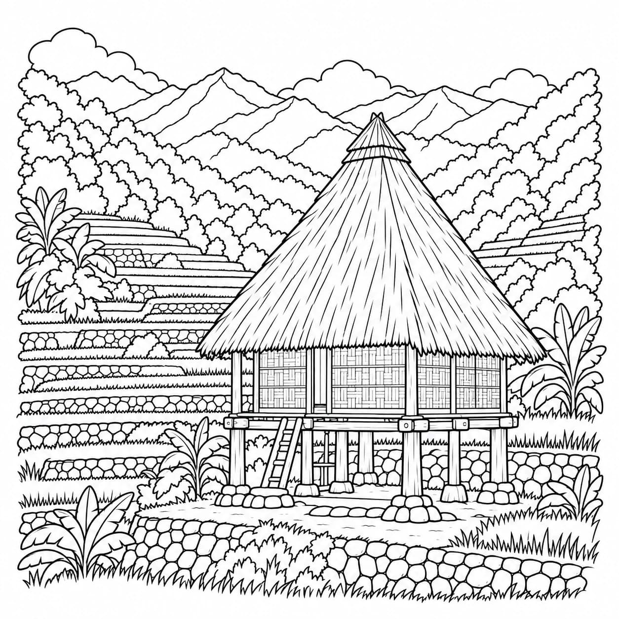 Coloriage: Coloriage des Philippines : hutte et rizières en terrasses