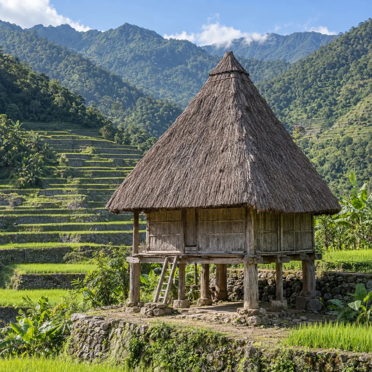 Realistic source: Philippines coloring page: hut above rice terraces