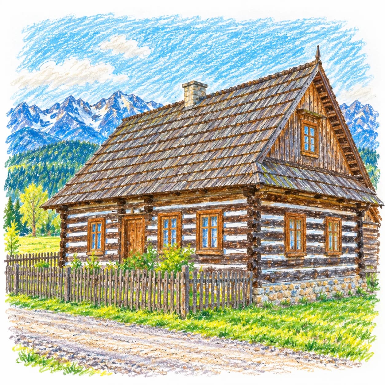Modèle colorié: Coloriage de la Pologne : maison en rondins et montagnes