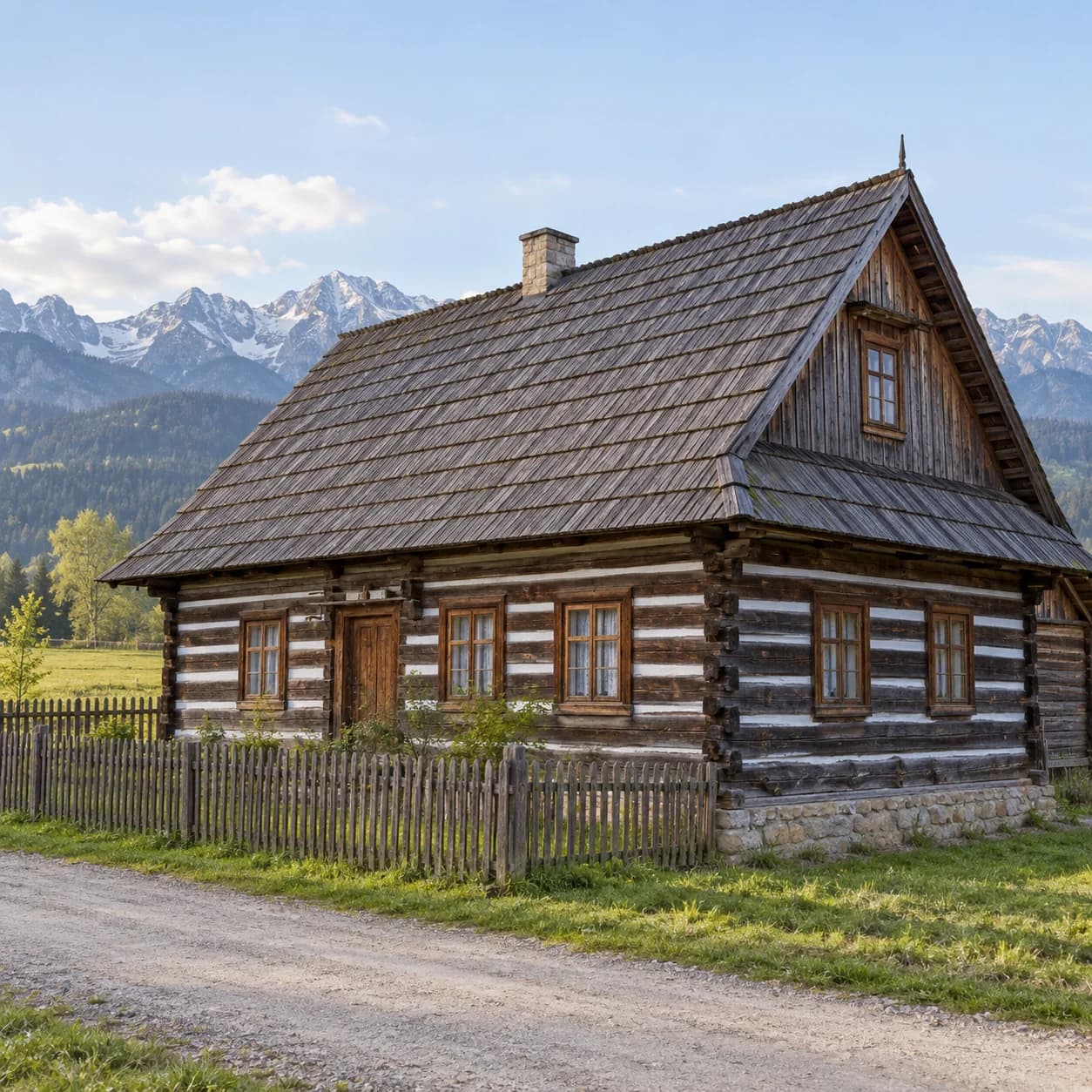 Realistic source: Poland coloring page: log house and mountains