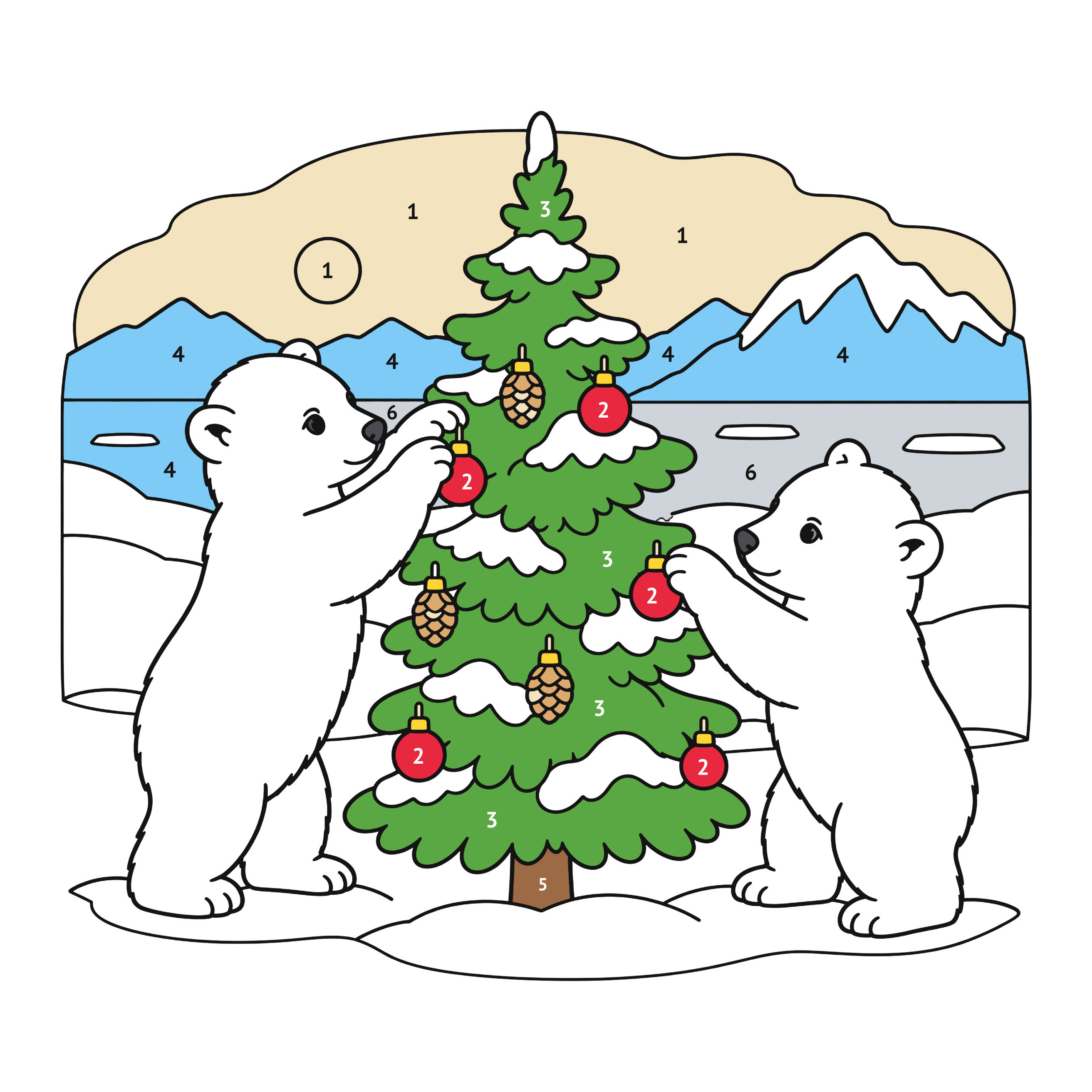 Modèle colorié: Oursons polaires de Noël : coloriage au numéro à imprimer