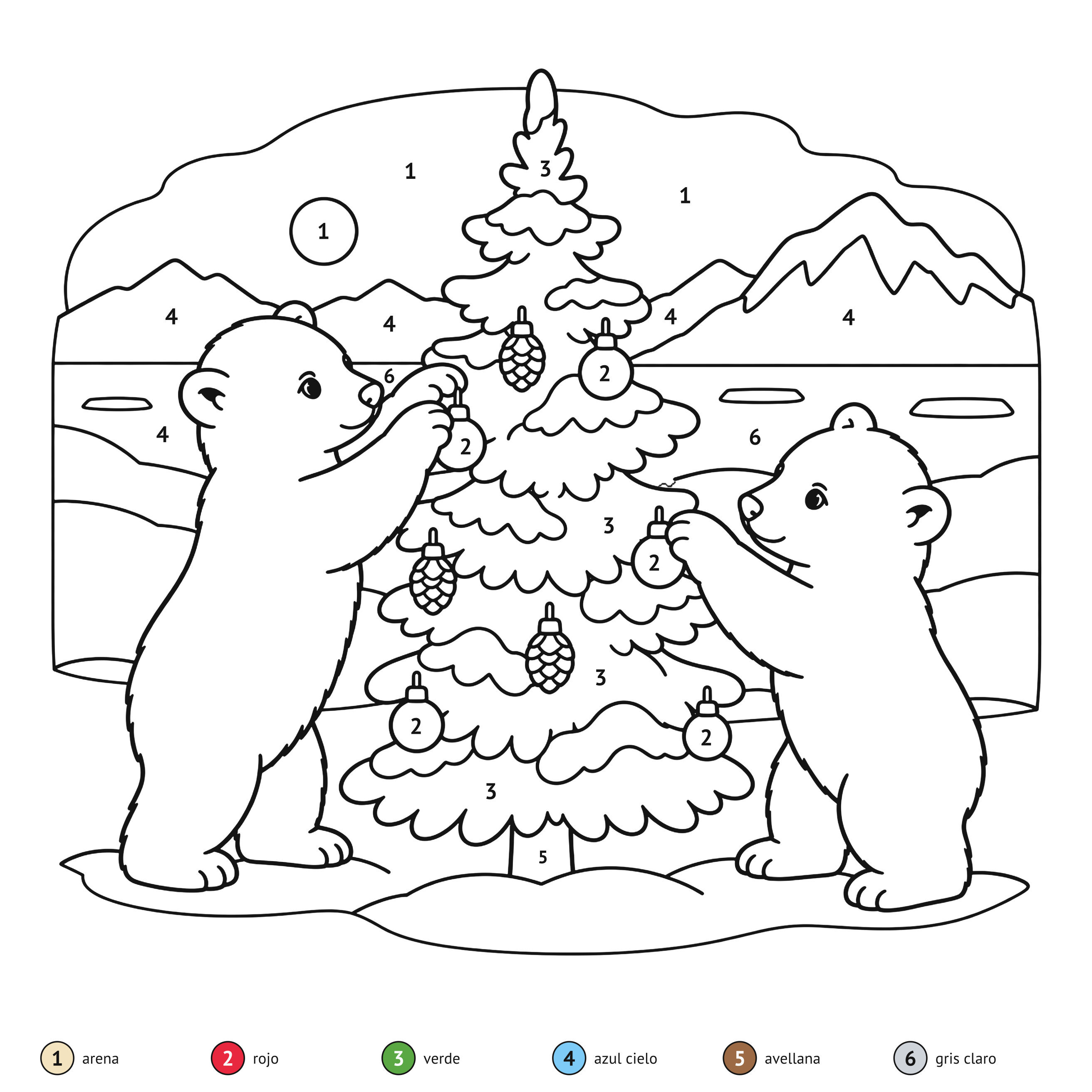 Por números: Ositos polares de Navidad para colorear por números