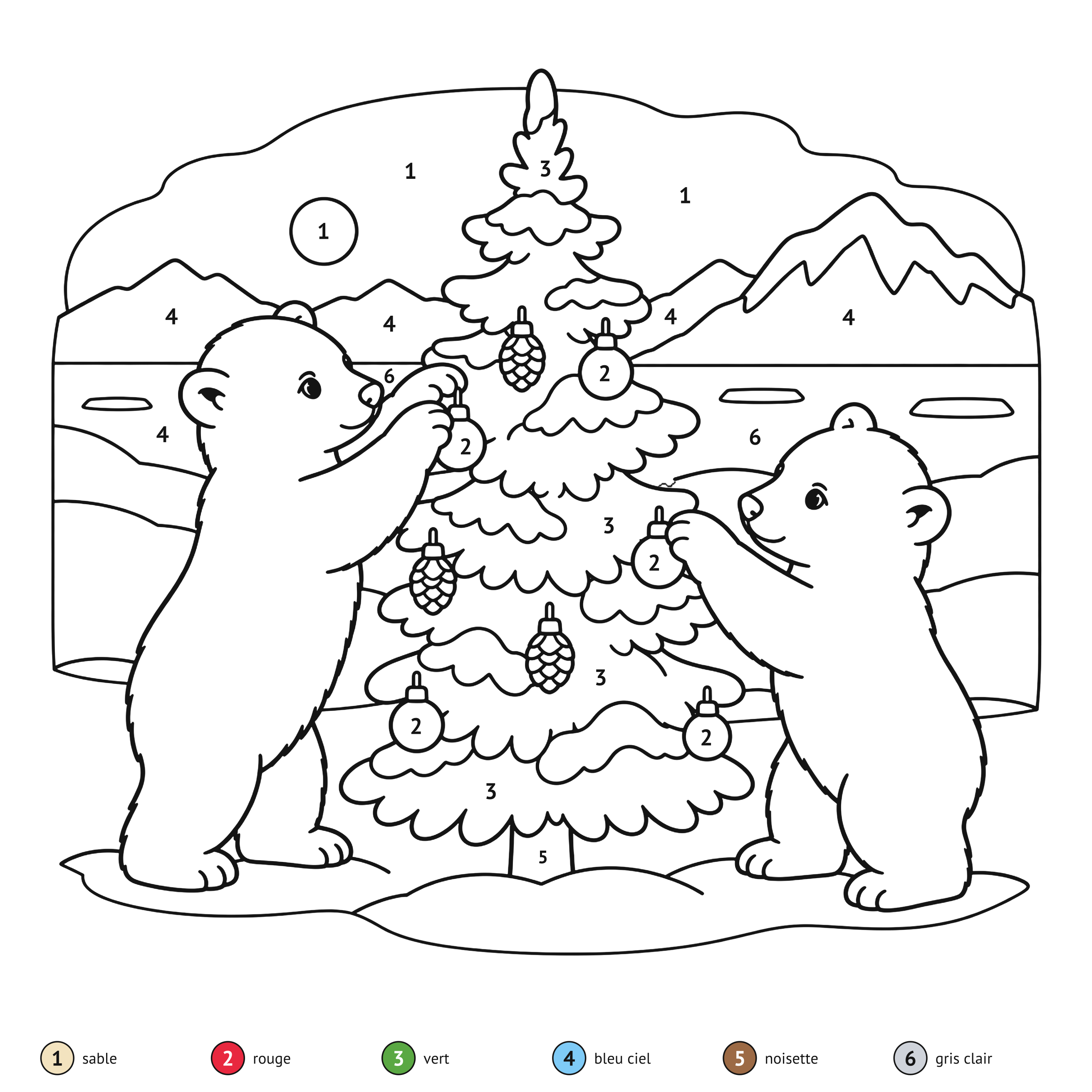 Au numéro: Oursons polaires de Noël : coloriage au numéro à imprimer